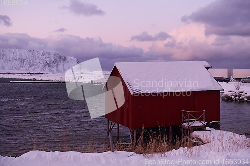 Image of Traditional Norwegian fisherman\'s cabins and boats