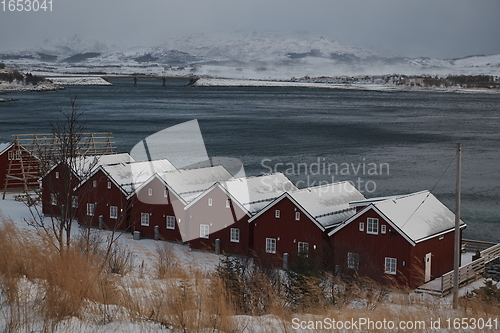 Image of Traditional Norwegian fisherman\'s cabins and boats