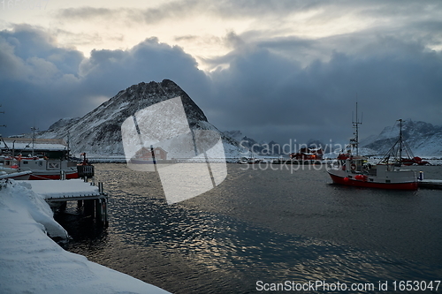 Image of Traditional Norwegian fisherman\'s cabins and boats