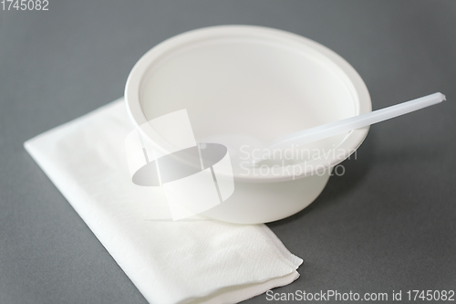 Image of disposable plastic plate with spoon and napkin