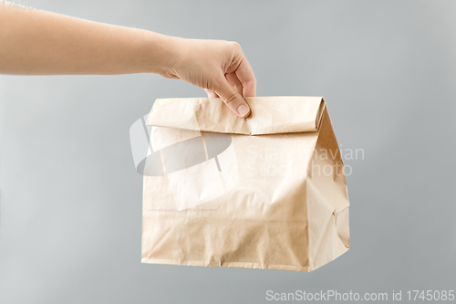 Image of hand holding takeaway food in paper bag with lunch