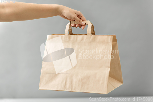 Image of hand holding takeaway food in paper bag with lunch