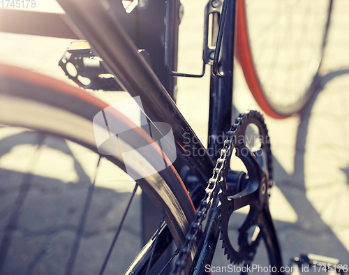 Image of close up of fixed gear bicycle on city street