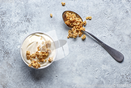 Image of bowl of fresh greek yogurt with muesli