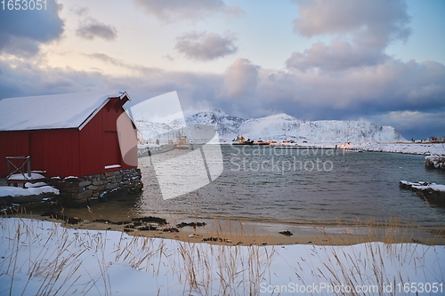 Image of Traditional Norwegian fisherman\'s cabins and boats