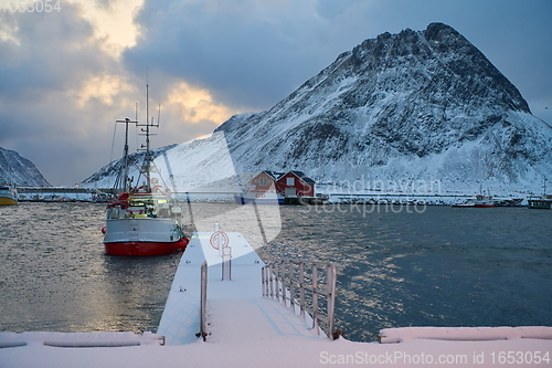 Image of Traditional Norwegian fisherman\'s cabins and boats