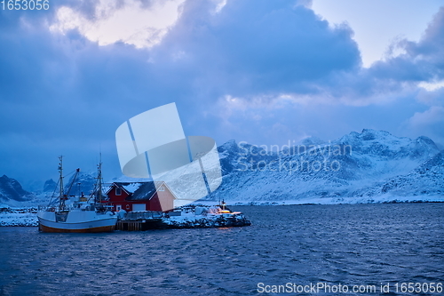 Image of Traditional Norwegian fisherman\'s cabins and boats