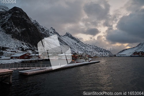 Image of Traditional Norwegian fisherman\'s cabins and boats