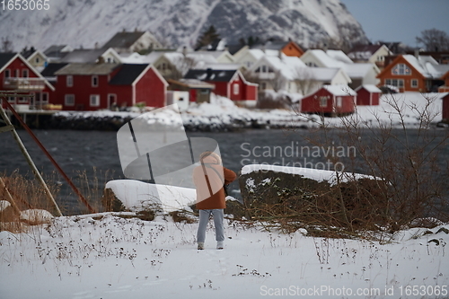 Image of Traditional Norwegian fisherman\'s cabins and boats