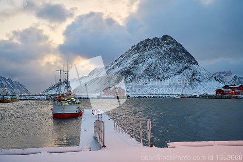 Image of Traditional Norwegian fisherman\'s cabins and boats