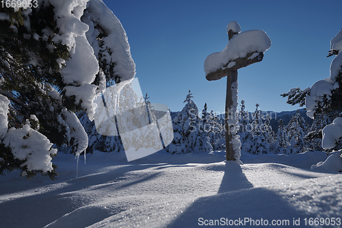 Image of wooden cross covered with fresh snow at beautiful fresh winter morning