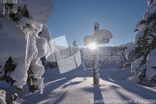 Image of wooden cross covered with fresh snow at beautiful fresh winter morning