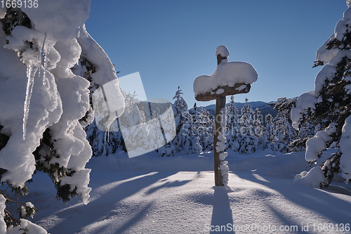 Image of wooden cross covered with fresh snow at beautiful fresh winter morning