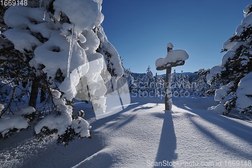 Image of wooden cross covered with fresh snow at beautiful fresh winter morning