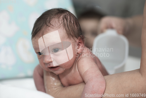 Image of Newborn baby girl taking a first bath