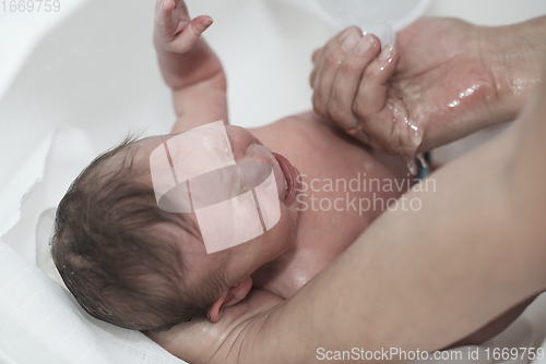 Image of Newborn baby girl taking a first bath