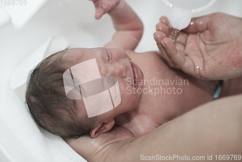 Image of Newborn baby girl taking a first bath