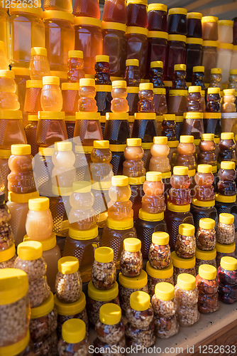 Image of A lot of jars with natural organic honey