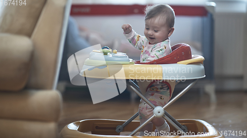 Image of baby learning to walk in walker