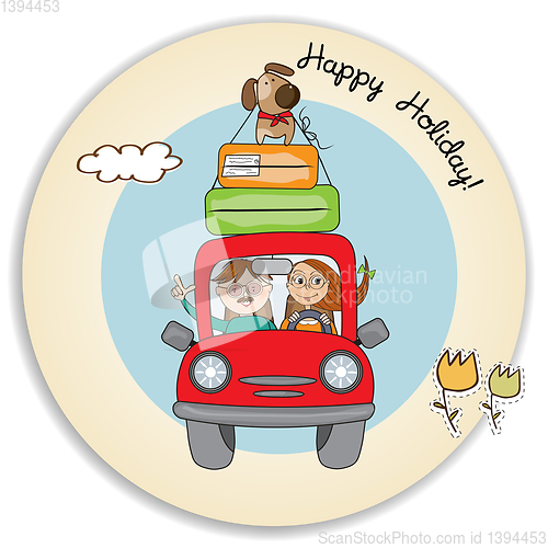 Image of happy couple with their dog traveling with funny red car. Summer