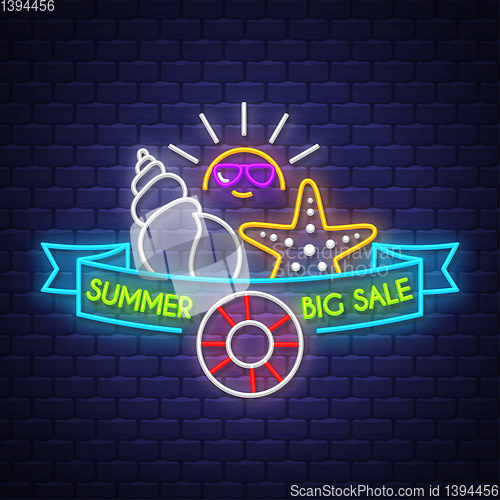 Image of Summer sale banner. Neon sign lettering