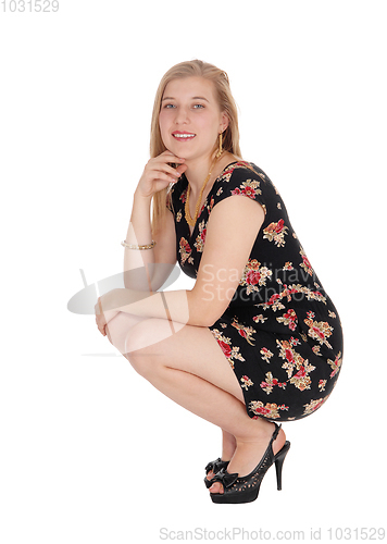 Image of Beautiful young woman in a dress crouching