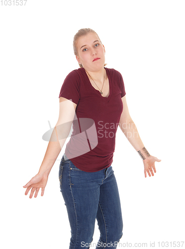 Image of Woman gesturing she dos not know