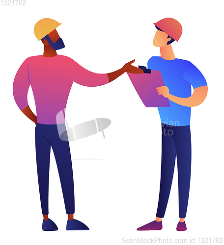 Image of Architect and engineer in construction helmet discussing vector illustration.