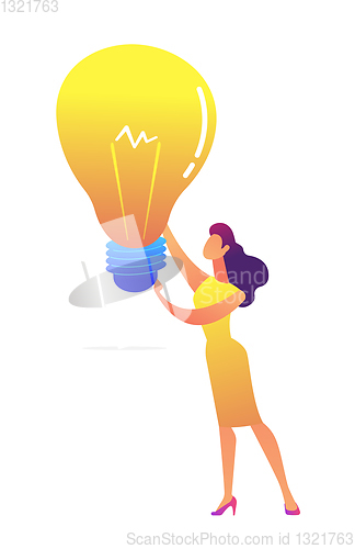 Image of Businesswoman holding a big bulb light in her hands vector illustration.