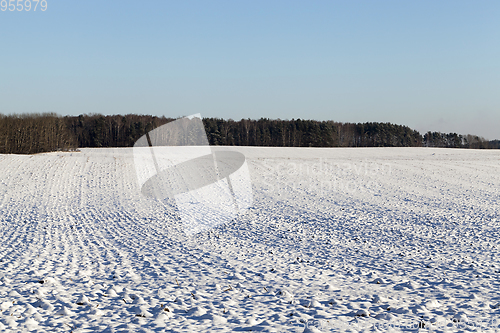 Image of plowed agricultural field covered by snow