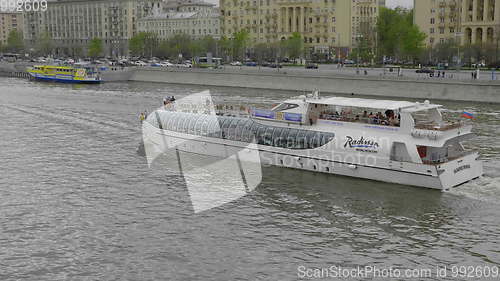 Image of MOSCOW - MAY 7: embankment Navigation on the Moscow river, on May 7, 2017 in Moscow, Russia.