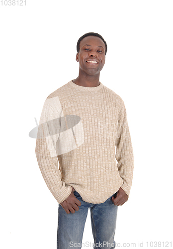Image of Happy smiling young black man standing