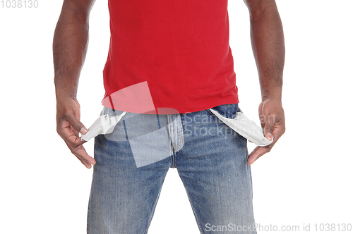 Image of Closeup of man showing empty pockets