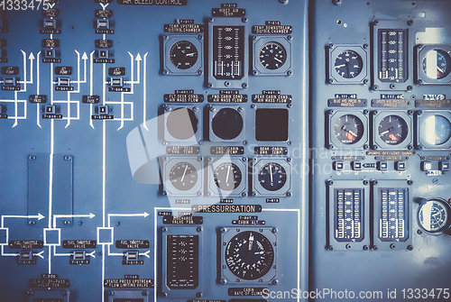 Image of Old airplane control panel in cockpit