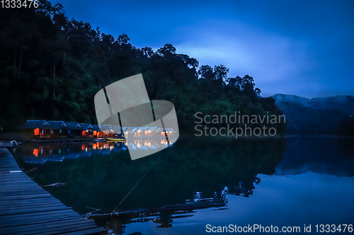 Image of Floating village at night, Cheow Lan Lake, Khao Sok, Thailand