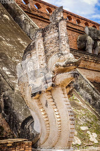 Image of Dragon statue, Wat Chedi Luang temple big Stupa, Chiang Mai, Tha