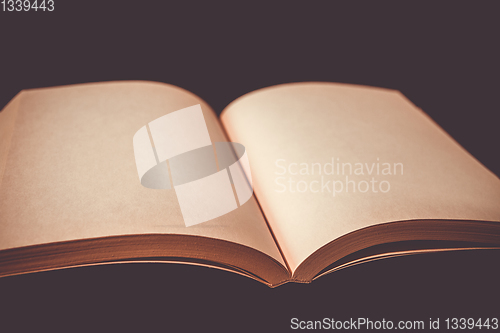 Image of Old open blank book on black background