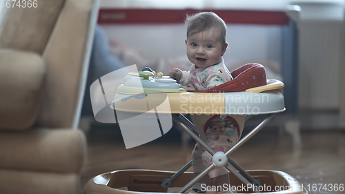 Image of baby learning to walk in walker