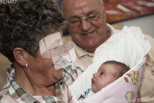 Image of family portrait with grandparents parents and baby