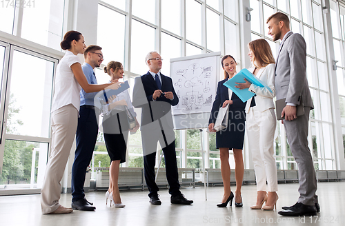 Image of business team with scheme on flip chart at office