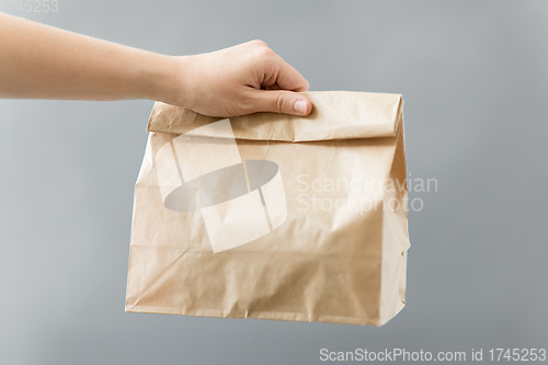 Image of hand holding takeaway food in paper bag with lunch