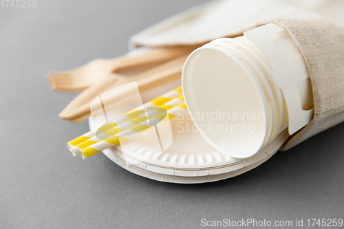 Image of wooden forks, knives, paper straws and cups