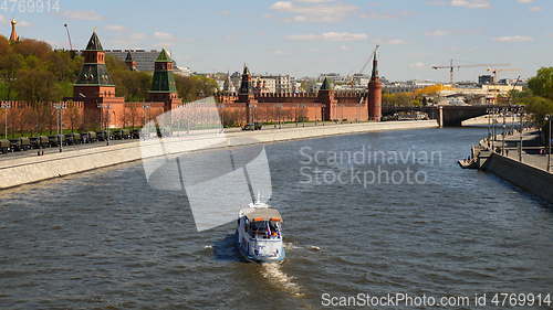 Image of MOSCOW - MAY 7: Kremlin embankment. Navigation on the Moscow river, on May 7, 2017 in Moscow, Russia.