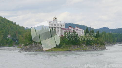Image of BARNAUL - AUGUST 22: hotel on the island river Katun in Altai mountains on August 22, 2017 in Barnaul, Russia