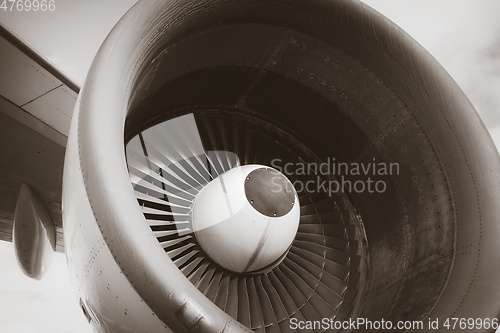 Image of Airplane engine detail. Black and white picture