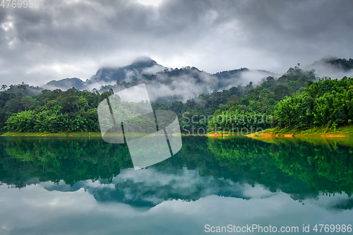 Image of Misty morning on Cheow Lan Lake, Khao Sok National Park, Thailan