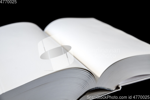 Image of Open blank dictionary, book on black background