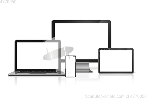 Image of Computers and phone set mockup isolated on white. 3D render 