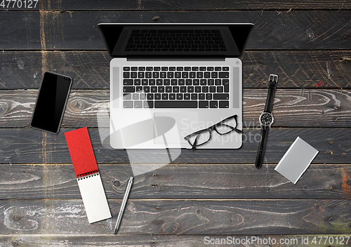 Image of Wooden office desk mockup top view