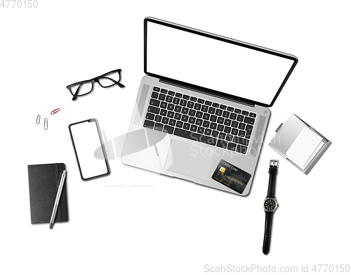 Image of Office desk mockup top view isolated on white